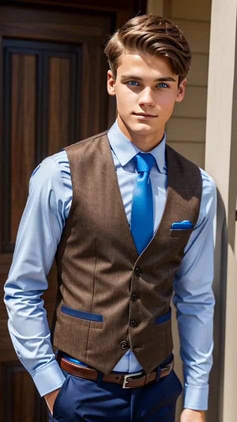 19 year old male wearing tie and lomg sleveed  button up with vest with dress pants and  3 belts
4K HIGH REZ 

Physical Description: Brown colored hair and skinny build. 5"5 and 150 LB. Blue eyes. 

.