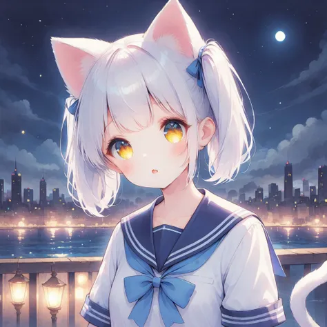 white hair, pigtails, cat ears, sailor uniform, night