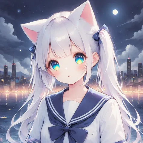 White hair, pigtails, cat ears, sailor uniform, night