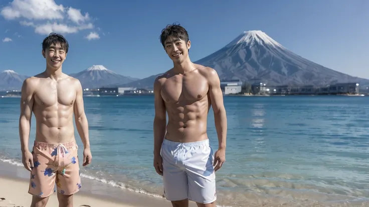 Angle from the front,(only 2 Japanese men facing forward, standing at a distance and facing the viewer:1.6), (2 Smiles:1.4), wearing only swim trunks,