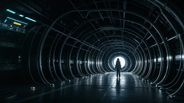 Dr. Evelyn Turing in a massive underground chamber, facing a giant pulsating quantum processing core suspended by cables and tubes