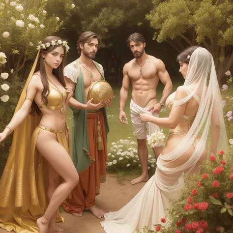 fullbody, painted of full body of four peoples, foot on ground, a standing greek handsome man give an apple to a naked woman with flower, a woman with shield, a woman stand front of a Peacock, masculine, mature, muscular, hairy torso, fantasy, intricate, e...