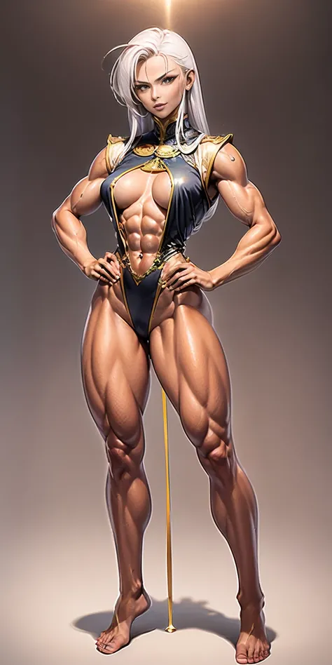 Scenary: Plain background Character: Solo Female: Body, full body toe to head: Tall and slim with an hourglass figure Toned and muscular physique Slender abs Perfect anatomy (hands on hips, good hands, best hands)