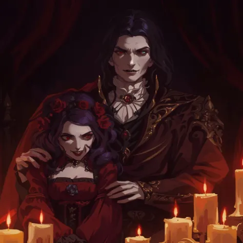 a painting of a man and woman standing in front of candles, abaddon and magali villeneuve, carmilla vampire, dark fantasy style art, victorian vampire, tom bagshaw donato giancola, gothic fantasy art, vampire portrait, vampires fantasy, goth family, darius...