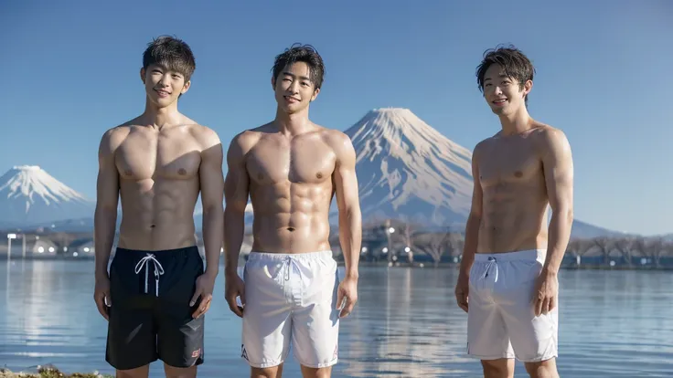 Angle from the front,(only 2 Japanese men facing forward, standing at a distance and facing the viewer:1.6), (2 little smiles:1.4), wearing only swim trunks,