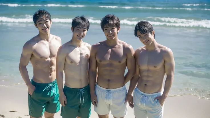 Angle from the front,(only 3 Japanese men facing forward, standing at a distance and facing the viewer:1.6), (3 little smiles:1.4), wearing only swim trunks,