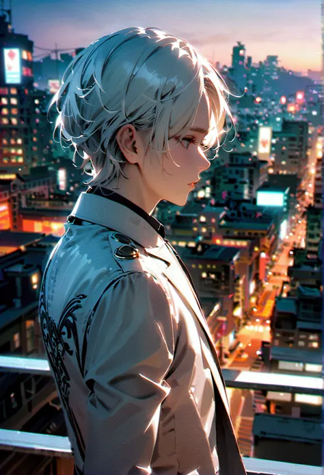 A white-haired man in a white suit turns his back on the city at night.