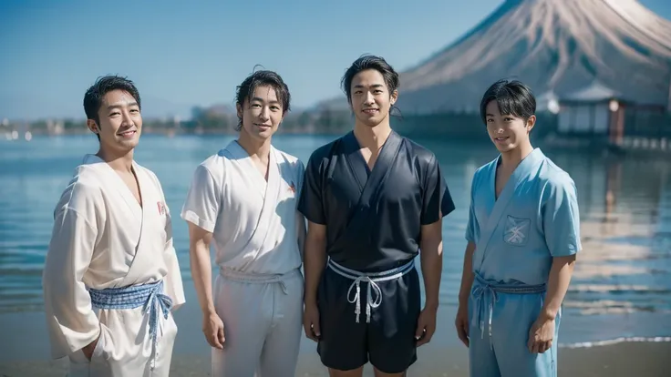 Angle from the front,(only 3 Japanese men facing forward, standing at a distance and facing the viewer:1.6), (3 little smiles:1.4), wearing only swim trunks,