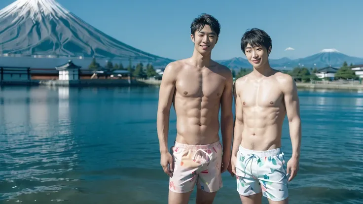 Angle from the front,(only 2 Japanese men facing forward, standing at a distance and facing the viewer:1.6), (2 little smiles:1.4), wearing only swim trunks,