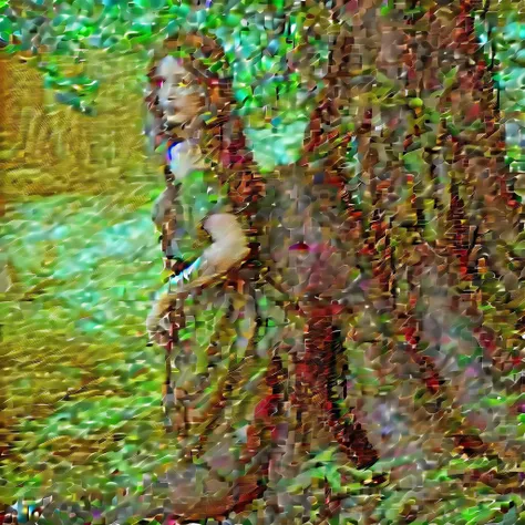 a mischievous forest spirit, peering from behind a tree trunk, camouflaged among vibrant green leaves, detailed face, intricate details, magical realism, cinematic lighting, rich colors, high resolution, 8k, photorealistic, hyper detailed, painterly, drama...