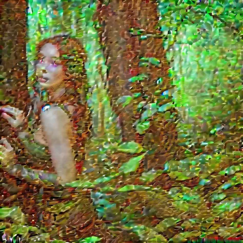 a mischievous forest spirit, peering from behind a tree trunk, camouflaged among vibrant green leaves, detailed face, intricate details, magical realism, cinematic lighting, rich colors, high resolution, 8k, photorealistic, hyper detailed, painterly, drama...