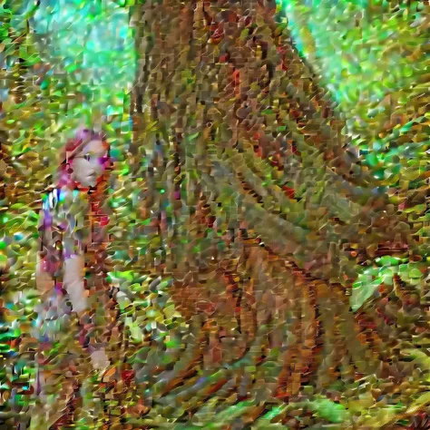 a mischievous forest spirit, peering from behind a tree trunk, camouflaged among vibrant green leaves, detailed face, intricate details, magical realism, cinematic lighting, rich colors, high resolution, 8k, photorealistic, hyper detailed, painterly, drama...