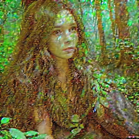 a mischievous forest spirit, peering from behind a tree trunk, camouflaged among vibrant green leaves, detailed face, intricate details, magical realism, cinematic lighting, rich colors, high resolution, 8k, photorealistic, hyper detailed, painterly, drama...