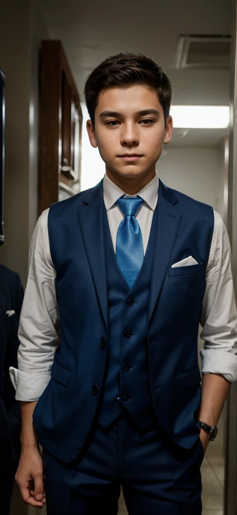 13 year old male in blue tie and suit and vest