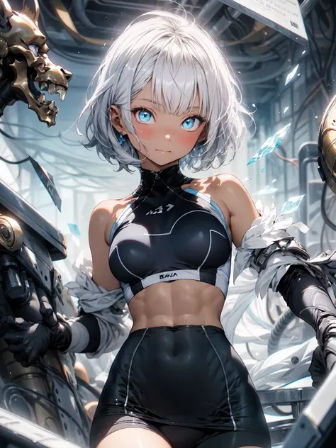 Be realistic，（masterpiece，Highest quality，Highest quality，Very detailed，Fractal Art，Most detailed，（Abstract background：1.5）（1 Girl），Kamimei，（白いshort hair），（ puppet, blue eyes, short hair, Blunt bangs,,Big Breasts、Toned Abs，Stunned)、crystallization，White co...