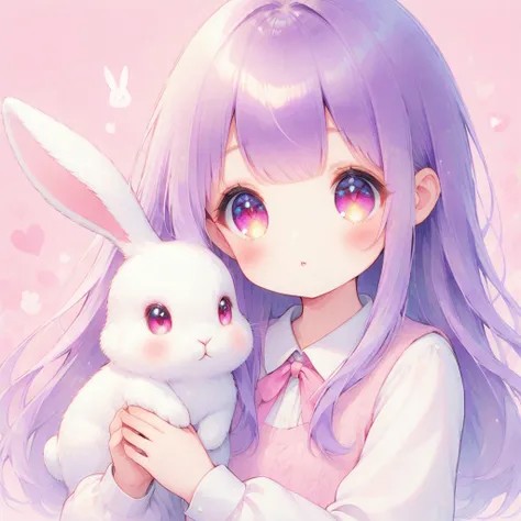 Purple hair, pink-purple eyes, long, has a rabbit