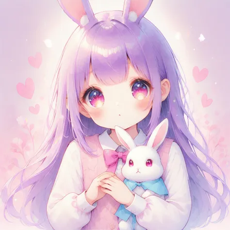 Purple hair, pink-purple eyes, long, has a rabbit