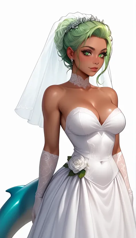 score_9, score_8_up, score_7_up, 1girl, solo, 
flowing green hair, no_pupils, black_eyes, ears, tail, tanned skin, (sharkgirl:1.2),
monochromatic, eerie atmosphere, 
(wedding dress), seductive, stark white background