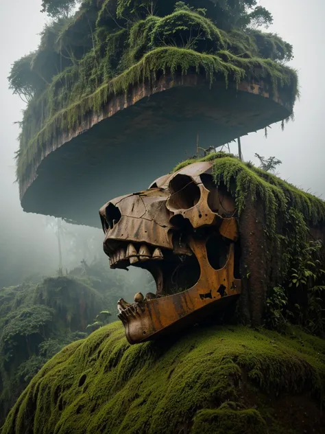 (RAW PHOTO), The rusted airplane with the skull of a lion, in the Amazon jungle, on the highest cliff, Moss, fog, details, hyper-realistic, 16k