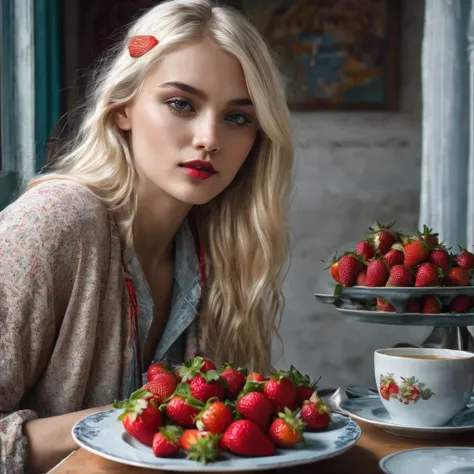 Beautiful blonde girl 50% like claudia shifter having breakfast, eating strawberries ( masterpiece) (realistic photography) (daylight)( detailed)