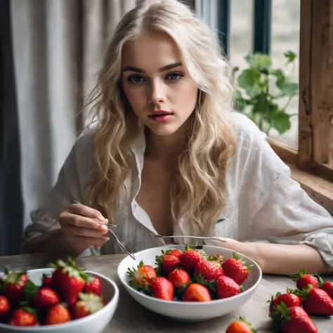 Beautiful blonde girl 50% like claudia shifter having breakfast, eating strawberries ( masterpiece) (realistic photography) (daylight)( detailed)