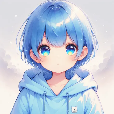 blue hair, blue eyes, short hair, hoodie, boy