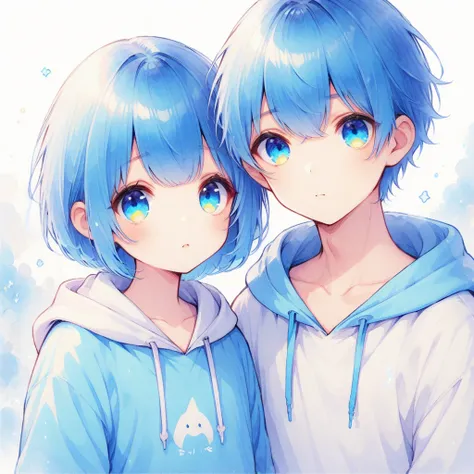 blue hair, blue eyes, short hair, hoodie, boy