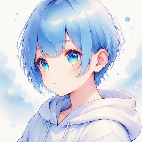 blue hair, blue eyes, short hair, hoodie, boy