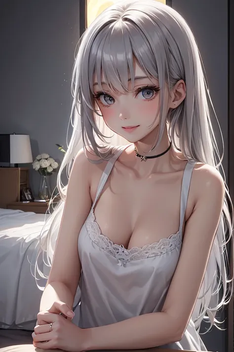 Best Quality,High resolution,8K,finelity detailed background,Masterpiece:1.2),beautiful girl,Glossy romance gray hair,crossed bangs,Gray eyes,Gentle look,A refreshing look,smile,Best quality,Best Quality,Aesthetic and aesthetic:1.2,Best details((Super deta...