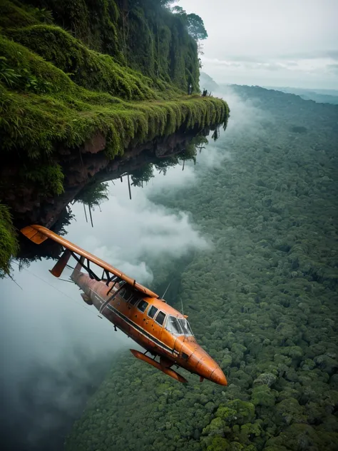 (RAW PHOTO), The rusted airplane in the Amazon jungle, on the highest cliff, Moss, fog, details, hyper-realistic, 16k