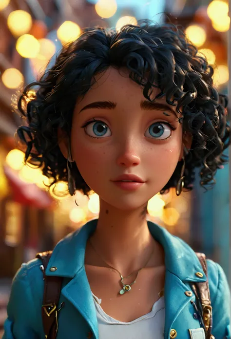 Cartoon character of a woman with black curly hair and blue coat, an animated character, stylized character, animation style rendering, 3d stylized, Arnold Maya rendering, Stylized 3D rendering, toon render screenshot, 3d character, 3d character, Stylized ...