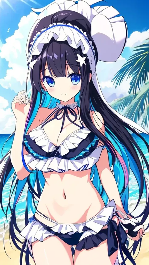 best quality, extremely detailed, anime style girl, long hair down to the waist, straight hair, dark black hair with bluish,beautiful detailed eyes, pinched eyes, dark blue eyes, huge breasts,((((cutie white base colorful frill
 Bikini)))),hair ornament,ra...