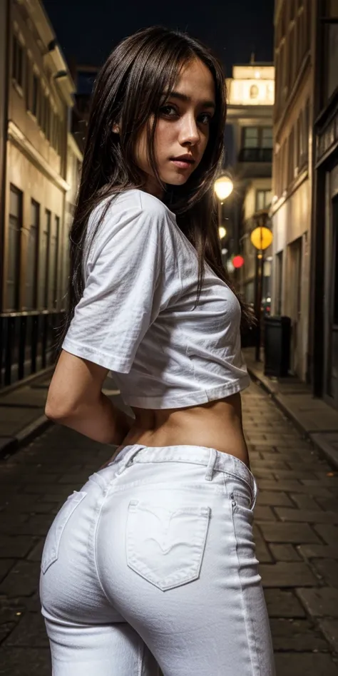 Melanie Rios, straight hair, thin body, expressive eyes, above view, looking to the viewer, white t-shirt, black jeans pants, at night, in Berlin, sensualizing, back view 