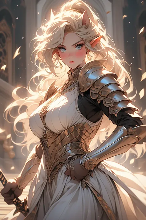 heroine, plump, voluptuous, elven ears, blonde hair, fierce eyes, plate armor, sword, fierce pose, striking pose, combat, blush