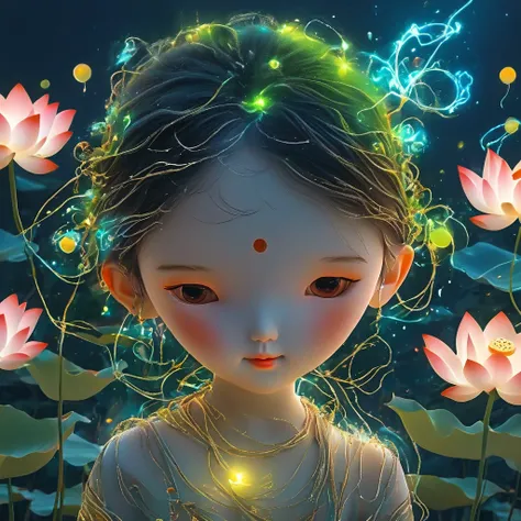 (masterpiece, best quality:1.2), digital art style, charming illustration,Peace pictures，1 boy, 18 years old, Wearing lotus on head，alone，body glow，glowing line，fluorescence,Luminous example，Tracking example，flash，萤light particles，backlight，translucent，lig...