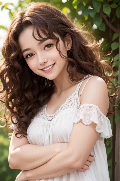 A woman with curly hair, bright eyes and smiling brown hair hugging herself happily feeling a light breeze on her face 