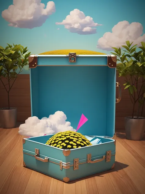 There is a suitcase with a straw hat on top, clouds, atmosphere, leaves, chrysanthemums floating in the air, paper airplanes, (miniature: 1.2), 2.5d illustration, 3d rendering, 3d modeling, bubble matt, trend in behans 3d art, trend in behans 3d art, 3d il...