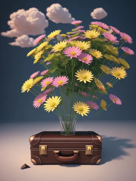 There is a suitcase with a straw hat on top, clouds, atmosphere, leaves, chrysanthemums floating in the air, paper airplanes, (miniature: 1.2), 2.5d illustration, 3d rendering, 3d modeling, bubble matt, trend in behans 3d art, trend in behans 3d art, 3d il...