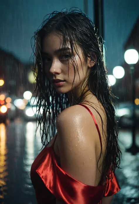 1girl,solo,long hair,rough skin,from back,face focus,(looking at viewer:1.2),wet hair,dark,polaroid,(depth_of_field:1.5),rainy d...