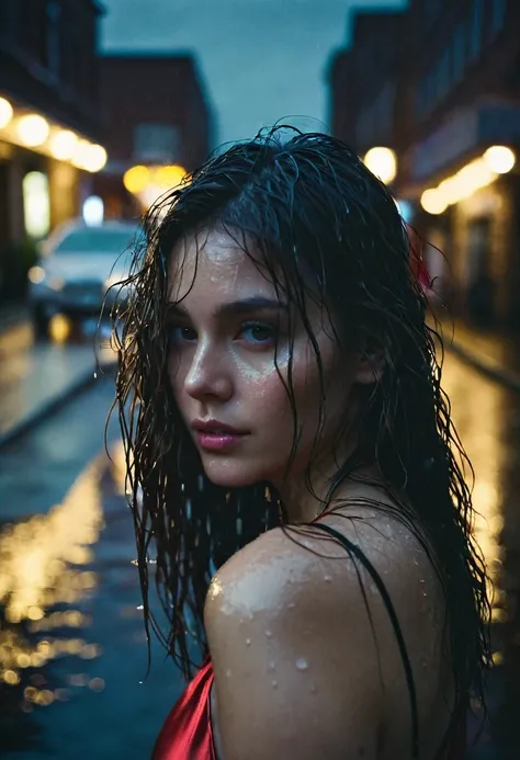 1girl,solo,long hair,Rough skin,from back,face focus,(looking at viewer:1.2),wet hair,dark,polaroid,(depth_of_field:1.5),rainy days,outdoors,street,hair between eyes,moody lighting,Tyndall effect,Cinematic Lighting,night,lamppost,lens flare,available light...