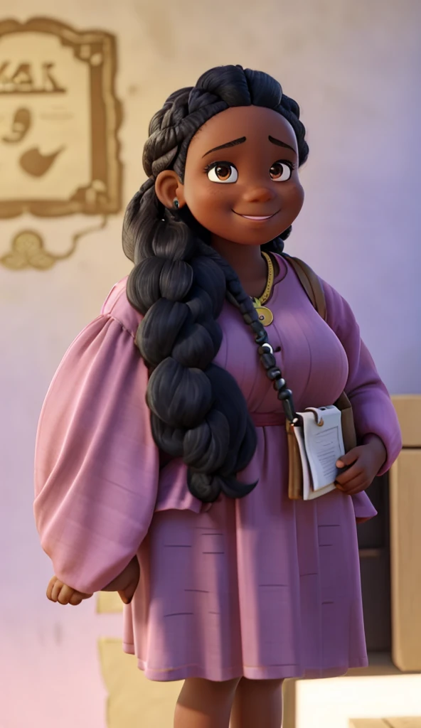 AN AFRO WOMAN!. She is a little fat woman. The woman with long black hair is smiling at the camera, wearing a pink dress and holding a yellow tag on her lanyard. Her hair has braids. She stands in front of a wall that has what appears to be an old document...