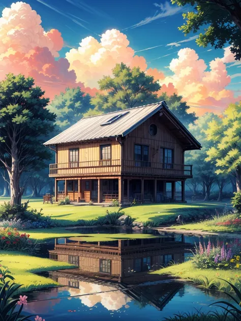 a hut surrounded by trees, line art, pretty sky, cart, shadow, shade, ghibli style, flowers, stone, lake, reflection, no humans, scenery, outdoors, sky, cloud, building, sign, house, window, plant, cloudy sky, bush, sunset, masterpiece, high resolution 