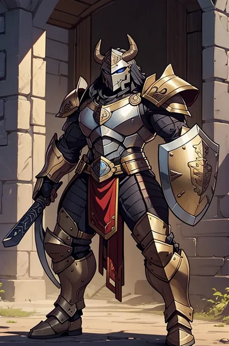 a taurus wearing full armor, a shield and a war hammer