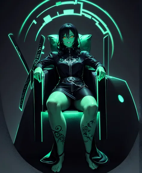 Sitting, cross-legged, sofa,black skin, anime woman, happy, glowing dark green eyes, glowing dark green tattoos, glowing dark green messy curly hair, wearing a black dress, black roses in hair, full body, ((Leg Crossing ))