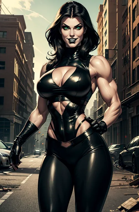 8k, best quality, beautiful muscular adult woman, wearing a large domed metal helmet with angular eyeholes cut out, biker, very muscular, very tall, large breasts, exaggeratedly bulky body frame, broad shoulders, lusty expression, antagonistic grin, athlet...