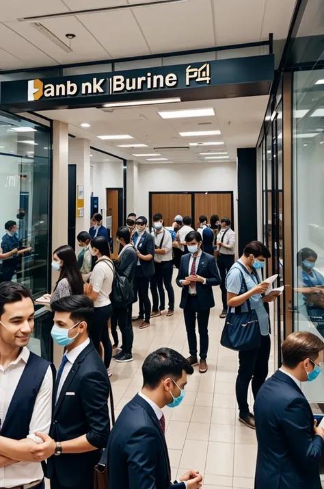 A bank inside with customers queuing