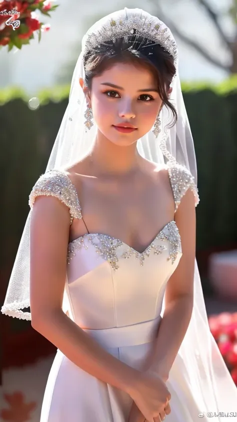 Selena Gomez, 8k, stunning visuals, bridal dress, queen, shining eyes, hot figure, navel 