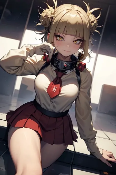 Himiko Toga, ,,(Alone),Himiko toga,(boku no hero academia),(short blonde hair with two messy pulps in her hair and yellow eyes with cat pupils),(Wearing),+,Wearing),+,(A female character dressed in a short red dress with a super short and sensual skirt, fi...