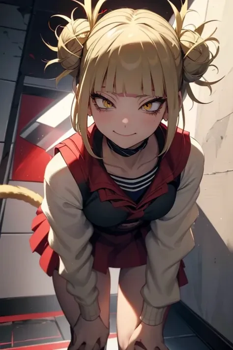 Himiko Toga, ,,(Alone),Himiko toga,(boku no hero academia),(short blonde hair with two messy pulps in her hair and yellow eyes with cat pupils),(Wearing),+,Wearing),+,(A female character dressed in a short red dress with a super short and sensual skirt, fi...