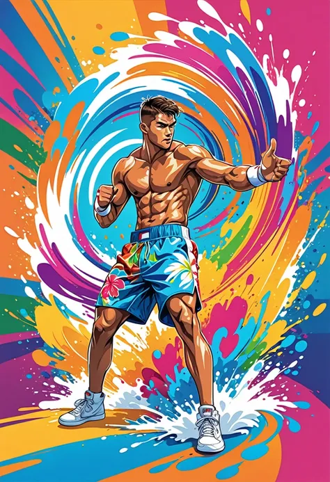 vectorial art, Colorful illustration with two boxer, At the center, swirly vibrant colors, paint splashes and smears, high détail,Hawaiian style background
